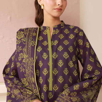 Model wearing Zellbury Winter Unstitched 2 Piece Purple Khaddar