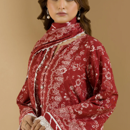 Zellbury 3-Piece Printed Linen Suit – Vibrant Red Shirt, Shalwar & Dupatta (WUW25X30102)