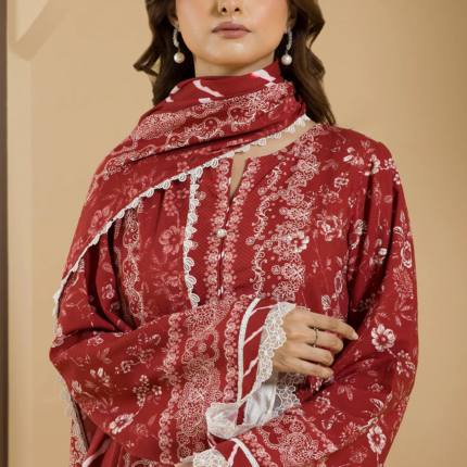 Zellbury 3-Piece Printed Linen Suit – Vibrant Red Shirt, Shalwar & Dupatta (WUW25X30102)