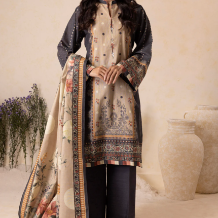 Zellbury 3-Piece Printed Karandi Suit – Elegant Grey Shirt, Shalwar & Dupatta (WUW25X30146)