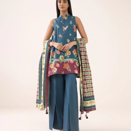 Sapphire Printed Cotton 3 Piece Suit Blue and Plum 0U3PDY25V659