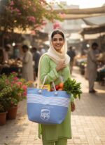 Premium sky blue canvas tote bag for women with white nautical stripes, thick cotton rope handles, secure top zipper, and side pockets - ideal for grocery, university, and beach use in Pakistan.