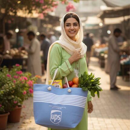 Premium sky blue canvas tote bag for women with white nautical stripes, thick cotton rope handles, secure top zipper, and side pockets - ideal for grocery, university, and beach use in Pakistan.