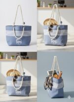 Premium sky blue canvas tote bag for women with white nautical stripes, thick cotton rope handles, secure top zipper, and side pockets - ideal for grocery, university, and beach use in Pakistan.
