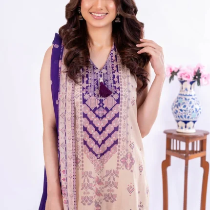 Gul Ahmed Printed Lawn 3 Piece in Beige and Purple CLP-52103