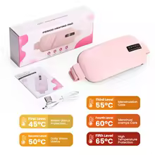 Portable menstrual heating pad in pastel pink with retail packaging and USB charging cable. Features 5 heat levels and vibration massage for period cramp relief.