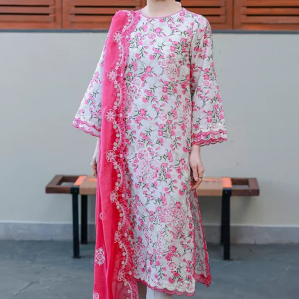 Embroidered Chikankari Cotton 3 Piece in Pink Color WUC26E34051