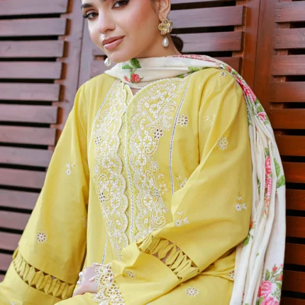 Embroidered Chikankari Cotton 3 Piece in Yellow Color WUC26E34056