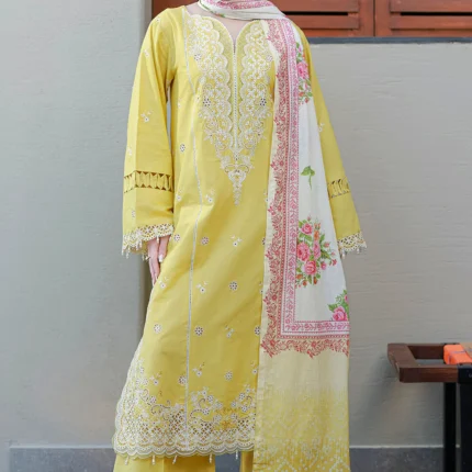 Embroidered Chikankari Cotton 3 Piece in Yellow Color WUC26E34056
