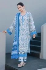 Embroidered Chikankari Cotton 3 Piece in Ice Blue Color WUC26E34068