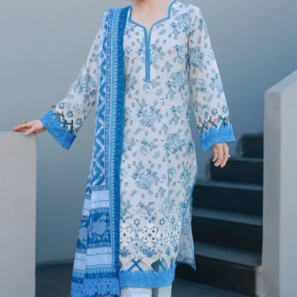 Embroidered Chikankari Cotton 3 Piece in Ice Blue Color WUC26E34068