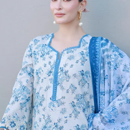 Embroidered Chikankari Cotton 3 Piece in Ice Blue Color WUC26E34068