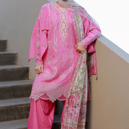 Embroidered Chikankari Cotton 3 Piece Pink Color WUC26E34053
