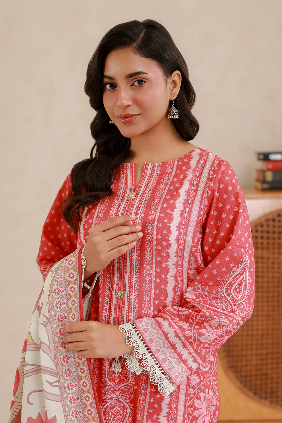 WUS26X30823_6 Printed Lawn 3 Piece in Red Color WUS26X30823