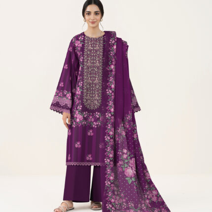 Embroidered Lawn 3 Piece in Purple Color