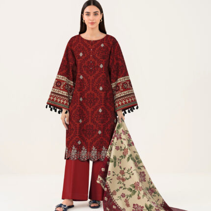Embroidered Lawn 3 Piece in Red Color