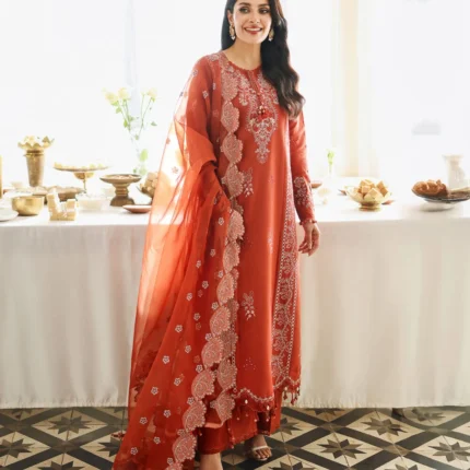 Ayeza Khan Embroidered Dobby 3 Piece in Rust Color