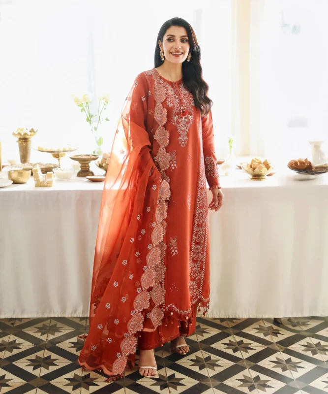 Ayeza Khan Embroidered Dobby 3 Piece in Rust Color