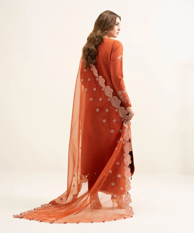 Ayeza Khan Embroidered Dobby 3 Piece in Rust Color