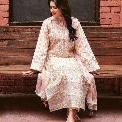 Embroidered Lawn 3 Piece in Off White and Corel Color Sukoon