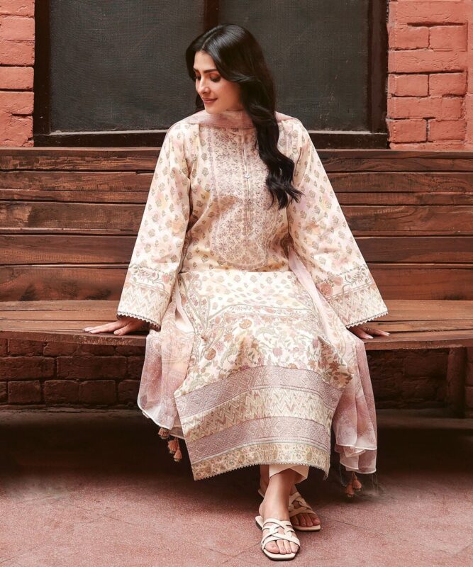 Embroidered Lawn 3 Piece in Off White and Corel Color Sukoon