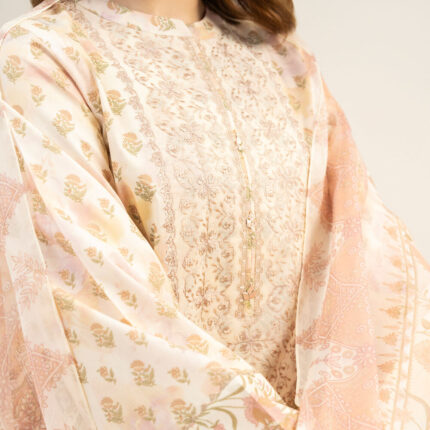 Embroidered Lawn 3 Piece in Off White and Corel Color Sukoon