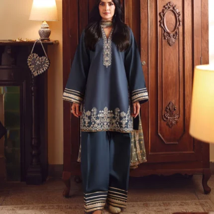 Ayeza Khan Embroidered Lawn 3 Piece in Blue Color