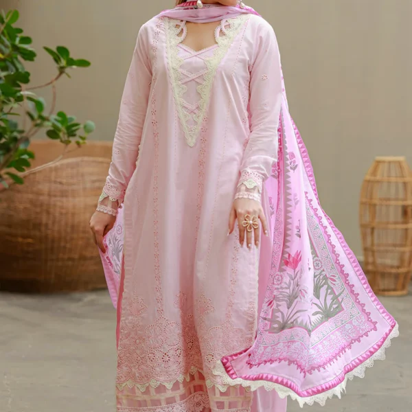 Chikankari Embroidered Cotton 3 Piece in Pink Color