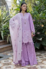 Embroidered Cotton 3 Piece Chikankari in Pastel Purple WUC26E34052