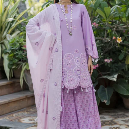 Embroidered Cotton 3 Piece Chikankari in Pastel Purple WUC26E34052
