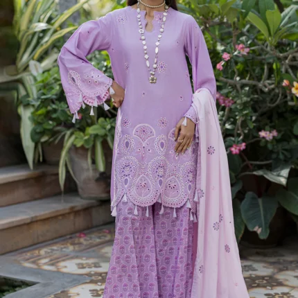 Embroidered Cotton 3 Piece Chikankari in Pastel Purple WUC26E34052