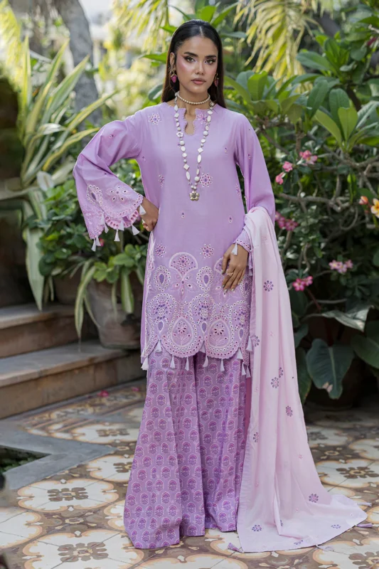 Embroidered Cotton 3 Piece Chikankari in Pastel Purple WUC26E34052