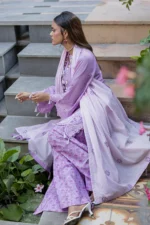 Embroidered Cotton 3 Piece Chikankari in Pastel Purple WUC26E34052