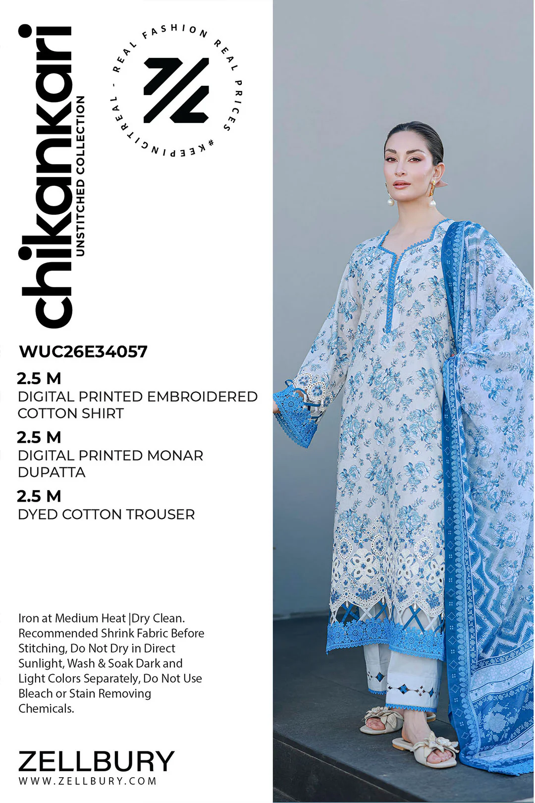 Chikankari Embroidered Lawn 3 Piece in Grey Color