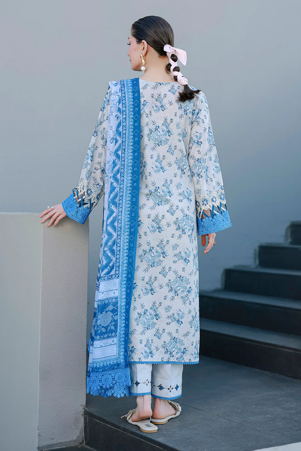 Chikankari Embroidered Lawn 3 Piece in Grey Color
