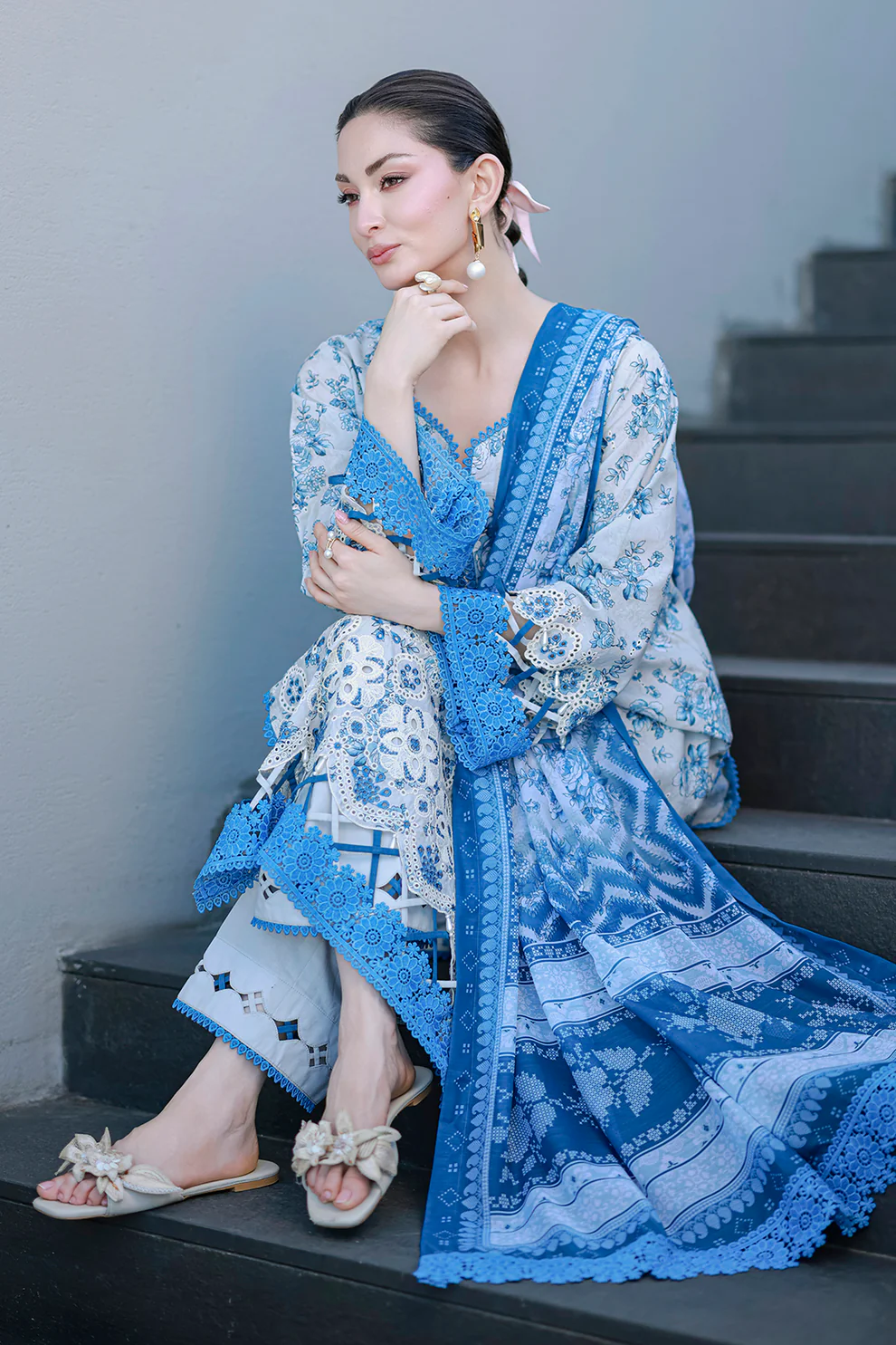 Chikankari Embroidered Lawn 3 Piece in Grey Color