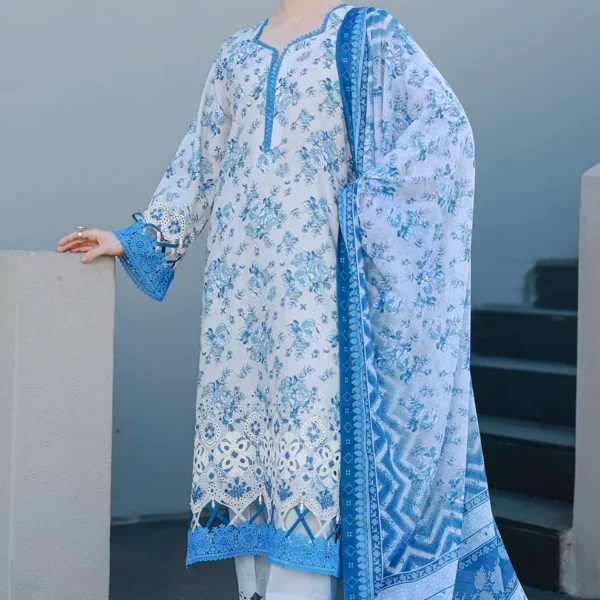 Chikankari Embroidered Cotton 3 Piece in Grey Color