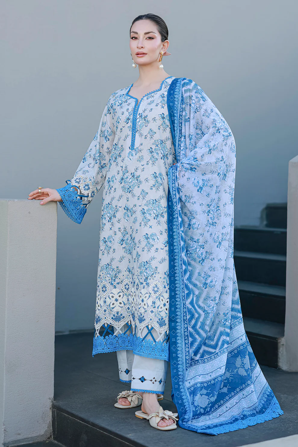Chikankari Embroidered Cotton 3 Piece in Grey Color