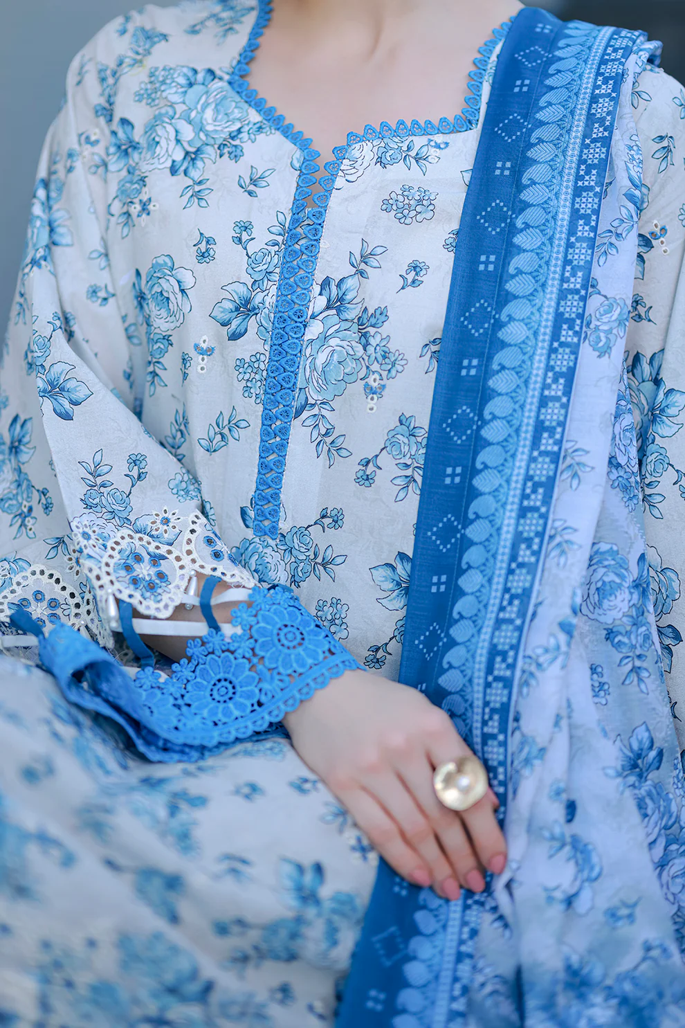 Chikankari Embroidered Cotton 3 Piece in Grey Color - Image 5