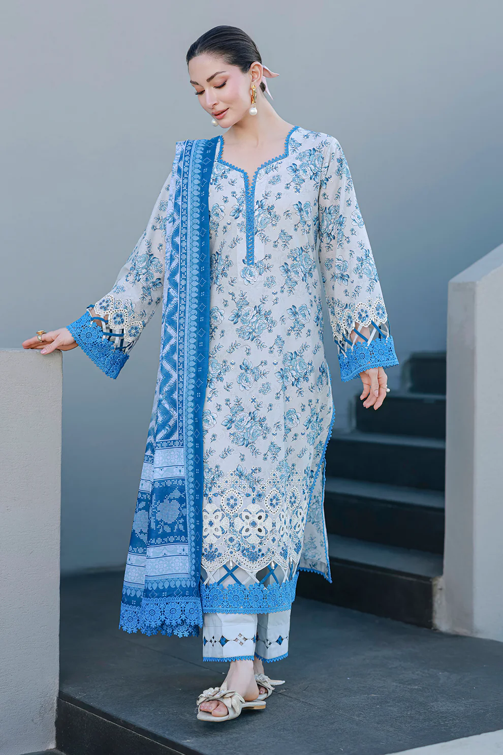 Chikankari Embroidered Lawn 3 Piece in Grey Color