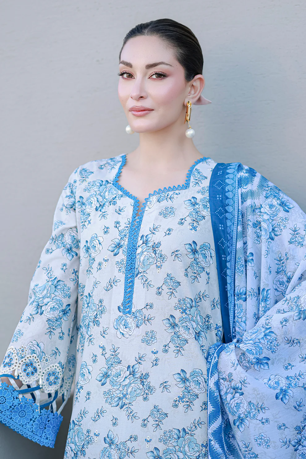 Chikankari Embroidered Lawn 3 Piece in Grey Color