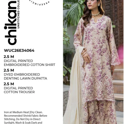 Embroidered Cotton Chikankari 3 Piece WUC26E34064