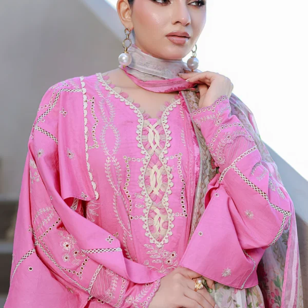 Chikankari Embroidered Lawn 3 Piece in Pink Color