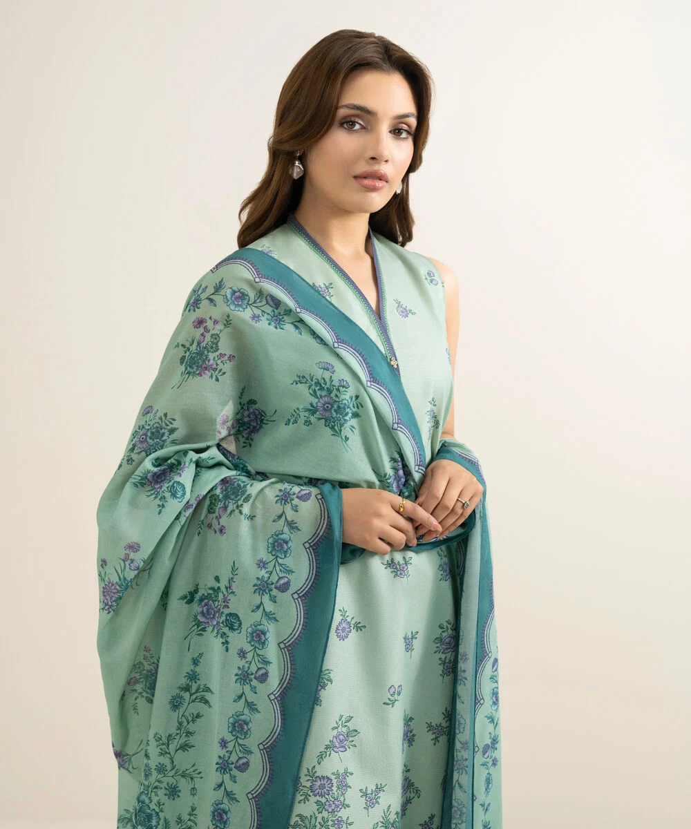 Printed Zari Lawn 3 Piece in Sage Green Color 0U3PDYS26V31 - Image 3