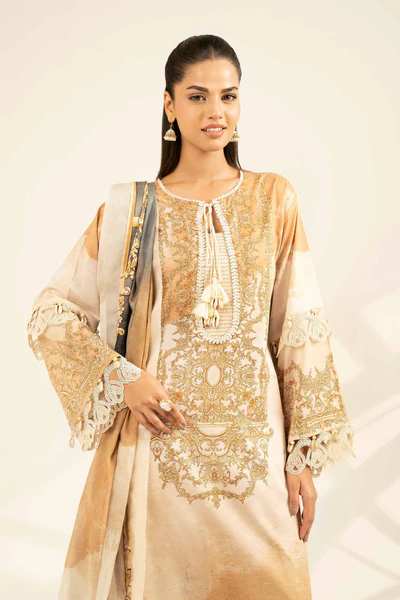 Printed Cambric 3 Piece in Beige Color 42502090