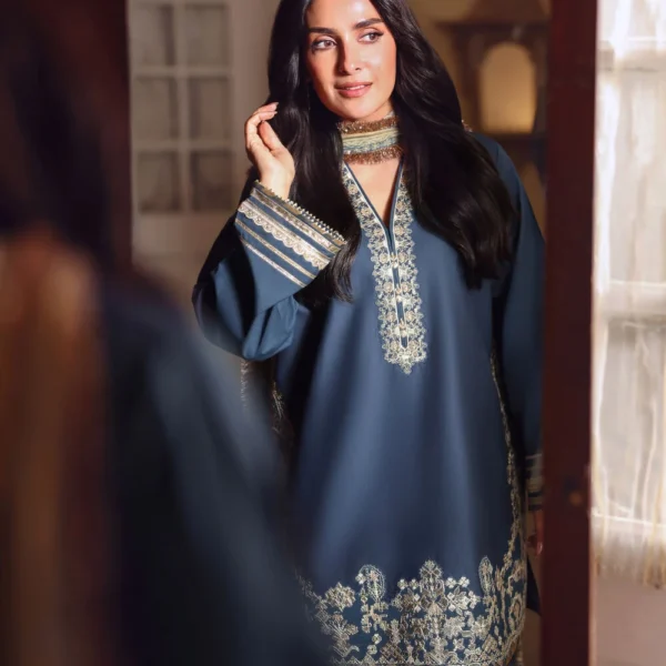 Ayeza Khan's Andaaz Embroidered Lawn 3 Piece in Navy Blue Color