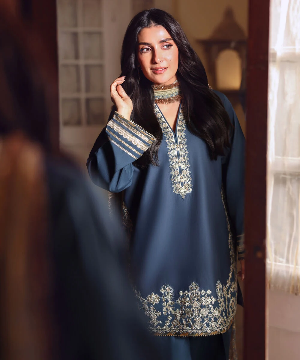 Ayeza Khan's Andaaz Embroidered Lawn 3 Piece in Navy Blue Color