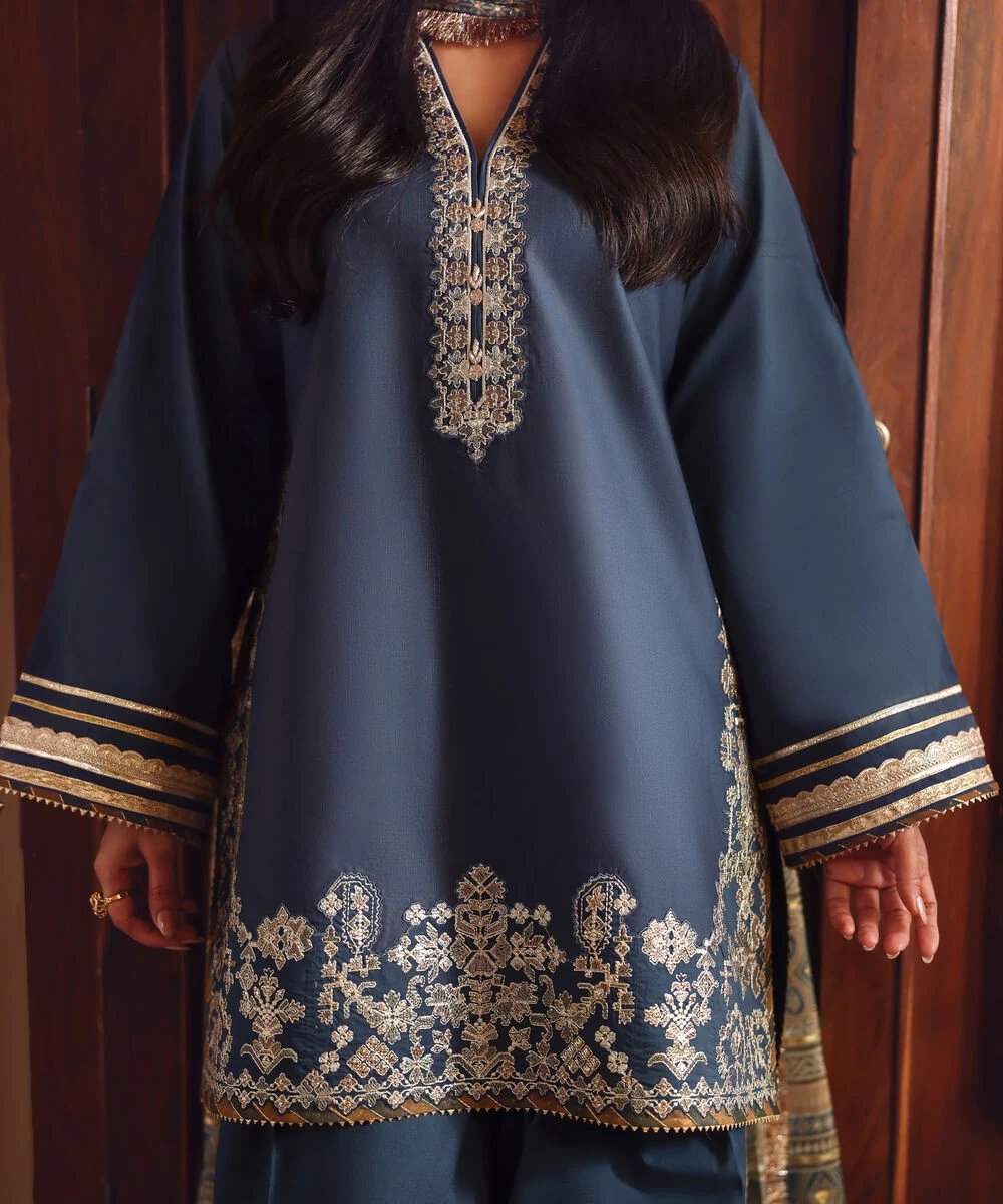 Ayeza Khan's Andaaz Embroidered Lawn 3 Piece in Navy Blue Color