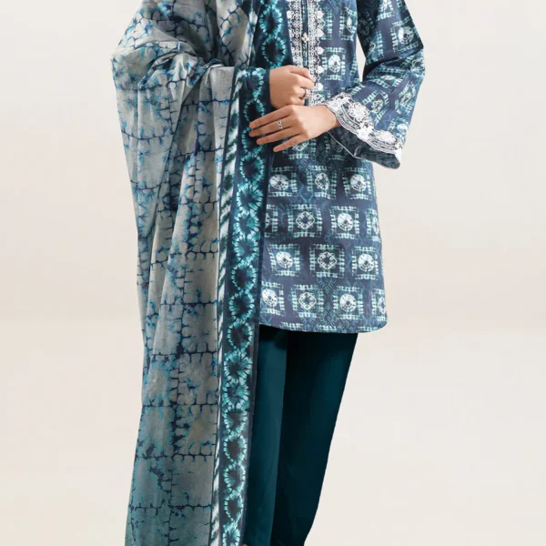 Embroidered Lawn 3 Piece in Teal Blue Color