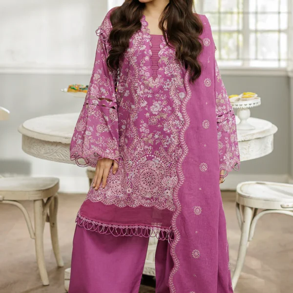 Chikankari Embroidered Cotton 3 Piece in Plum Color